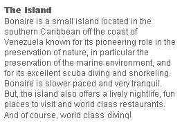Text Box: The Island
Bonaire is a small island located in the southern Caribbean off the coast of Venezuela known for its pioneering role in the preservation of nature, in particular the preservation of the marine environment, and for its excellent scuba diving and snorkeling. Bonaire is slower paced and very tranquil. But, the island also offers a lively nightlife, fun places to visit and world class restaurants.&nbsp; And of course, world class diving!
